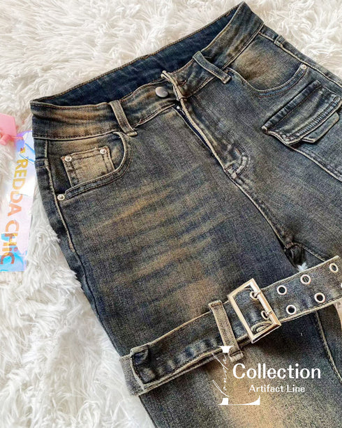 Vintage Washed Strap Denim Pants